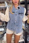 Women Lapel Denim Stitching Knit Sleeves Casual Jacket
