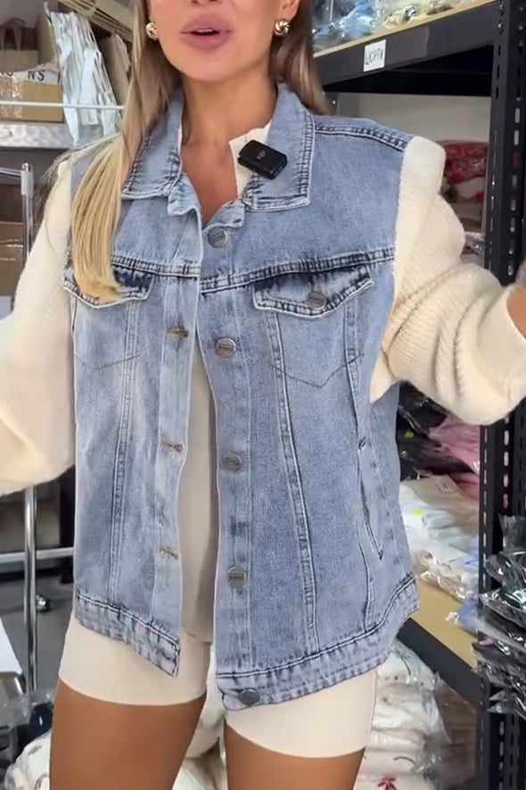 Women Lapel Denim Stitching Knit Sleeves Casual Jacket