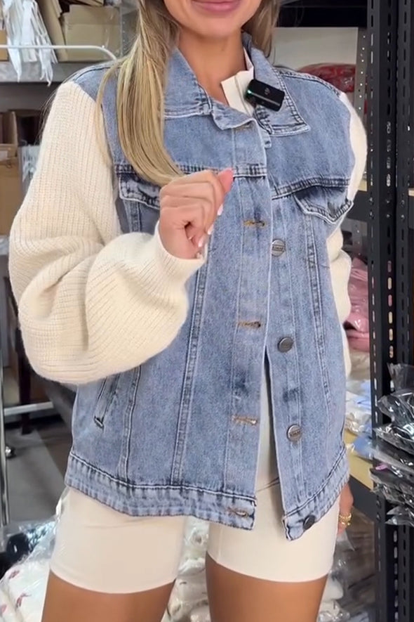 Women Lapel Denim Stitching Knit Sleeves Casual Jacket