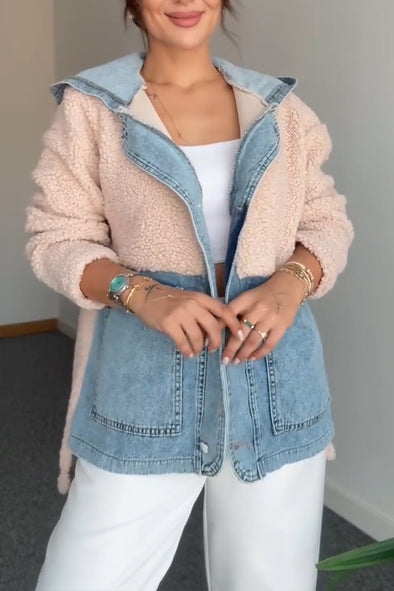 Women Hooded Denim Patchwork Plush Casual Coat