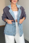 Women Hooded Denim Patchwork Plush Casual Coat