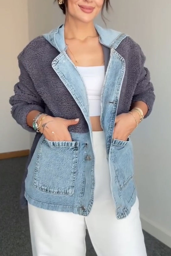 Women Hooded Denim Patchwork Plush Casual Coat