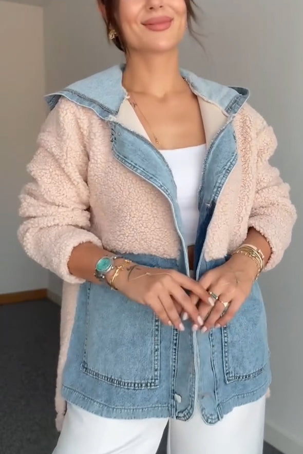 Women Hooded Denim Patchwork Plush Casual Coat