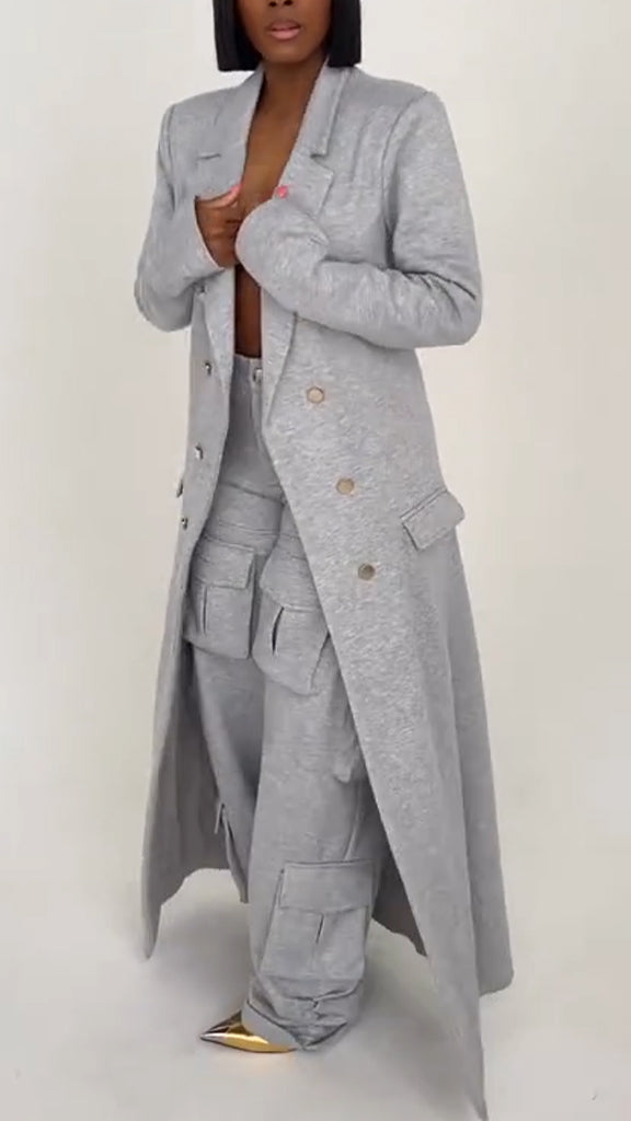Women Lapel Double-breasted Long Trench Coat + Pants Temperament Casual Suit