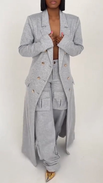 Women Lapel Double-breasted Long Trench Coat + Pants Temperament Casual Suit