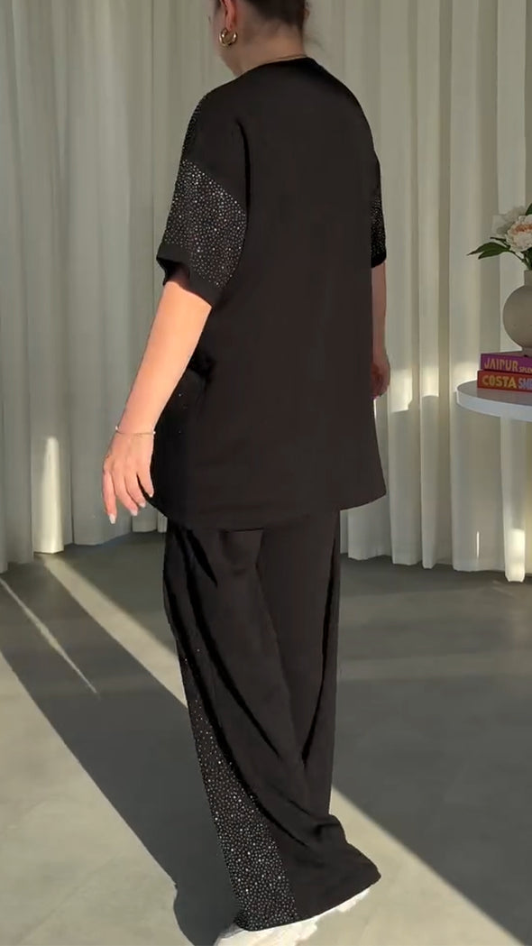 Women Round Neck Rhinestone Loose Casual Suit