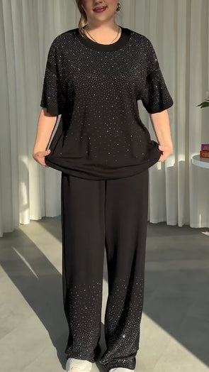 Women Round Neck Rhinestone Loose Casual Suit