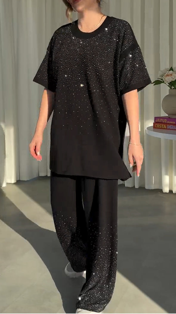Women Round Neck Rhinestone Loose Casual Suit