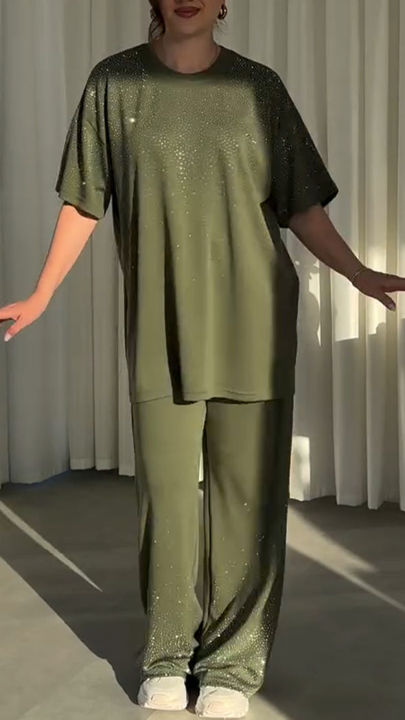 Women Round Neck Rhinestone Loose Casual Suit