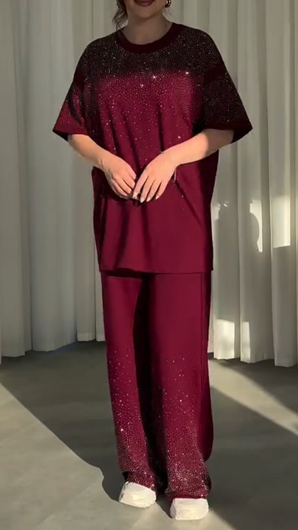 Women Round Neck Rhinestone Loose Casual Suit