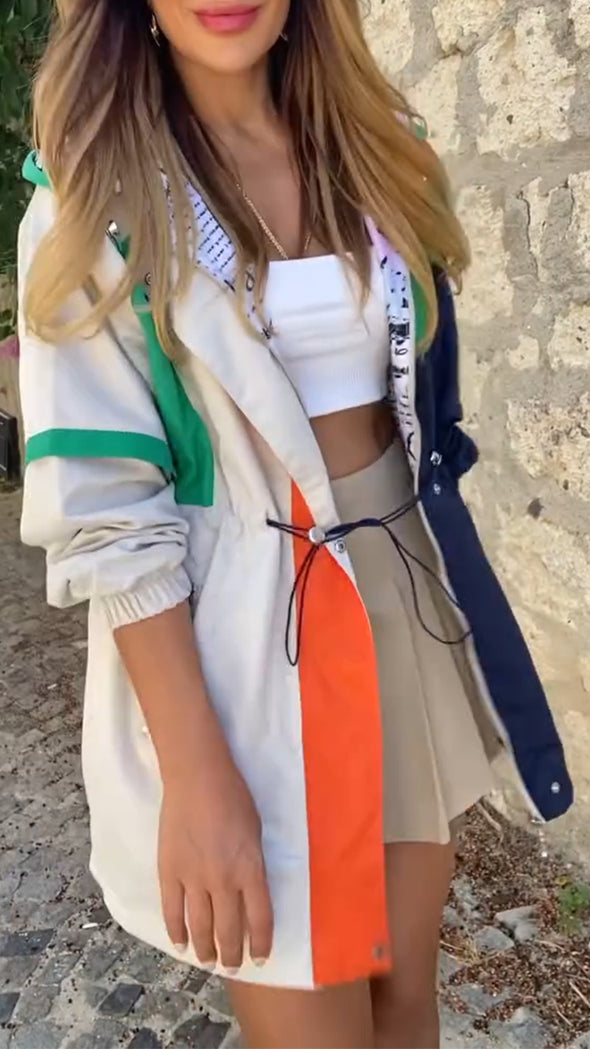 Women Hooded Contrast Waist Casual Jacket