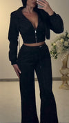 Women Round Neck Hooded Drawstring Rhinestone Top + Pants Casual Suit