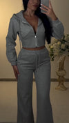 Women Round Neck Hooded Drawstring Rhinestone Top + Pants Casual Suit