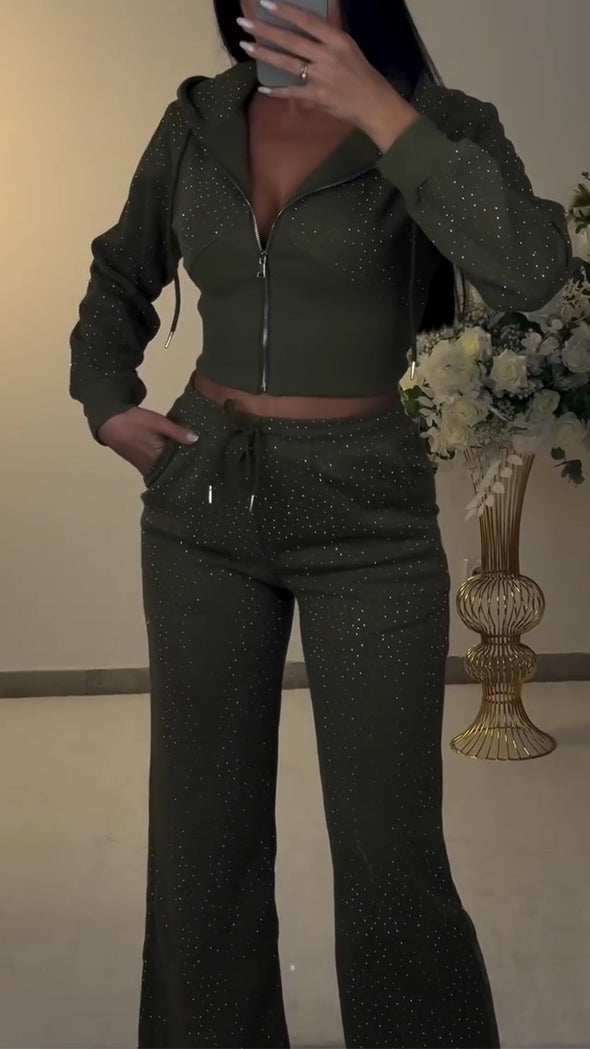 Women Round Neck Hooded Drawstring Rhinestone Top + Pants Casual Suit