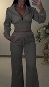 Women Round Neck Hooded Drawstring Rhinestone Top + Pants Casual Suit
