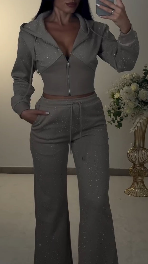 Women Round Neck Hooded Drawstring Rhinestone Top + Pants Casual Suit