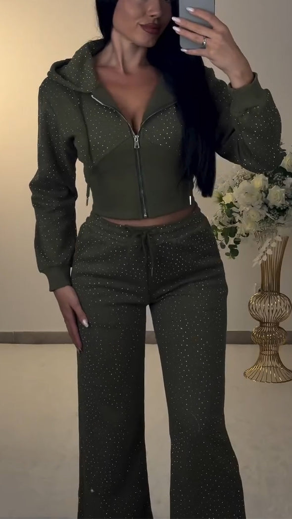 Women Round Neck Hooded Drawstring Rhinestone Top + Pants Casual Suit