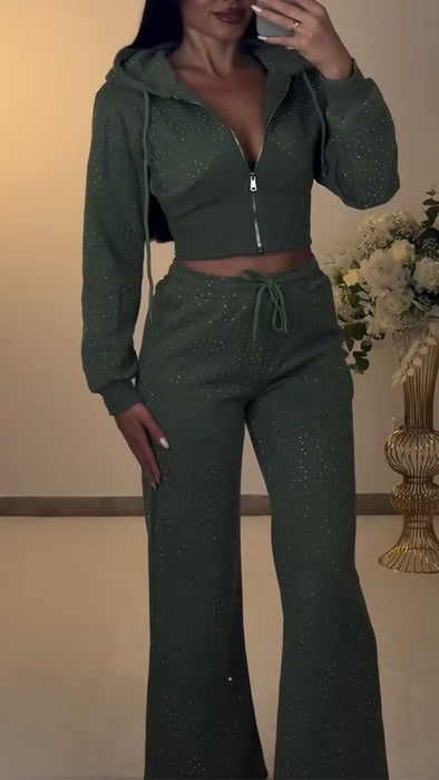 Women Round Neck Hooded Drawstring Rhinestone Top + Pants Casual Suit