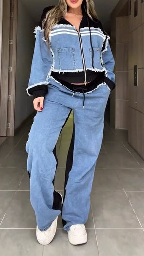 Women Hooded Striped Denim Jacket + Pants Casual Set