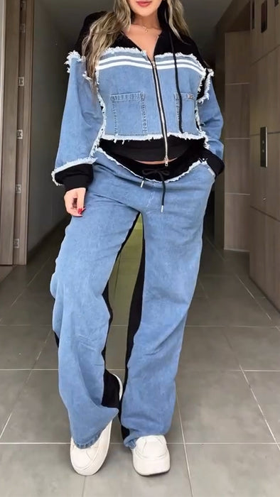 Women Hooded Striped Denim Jacket + Pants Casual Set