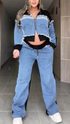 Women Hooded Striped Denim Jacket + Pants Casual Set