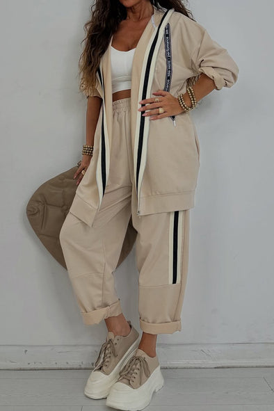Women Hooded Drawstring Jacket + Pants Casual Set