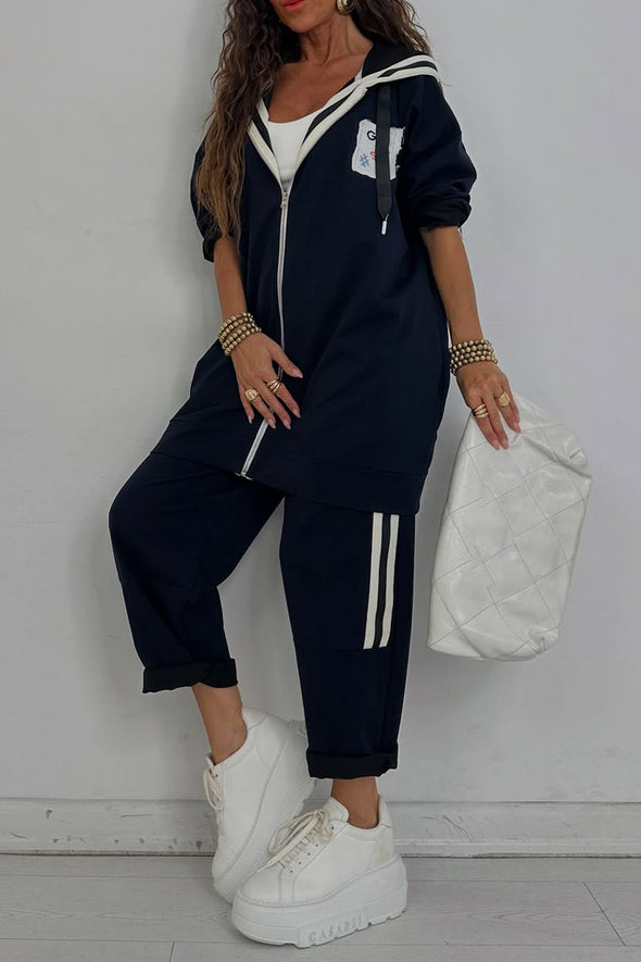 Women Hooded Drawstring Jacket + Pants Casual Set