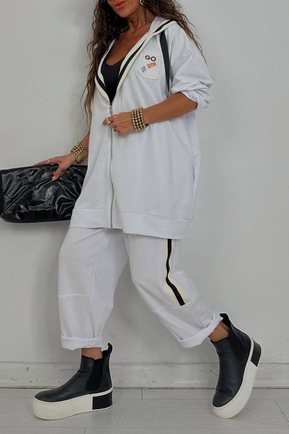 Women Hooded Drawstring Jacket + Pants Casual Set