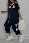 Women Hooded Drawstring Jacket + Pants Casual Set