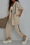 Women Hooded Drawstring Jacket + Pants Casual Set