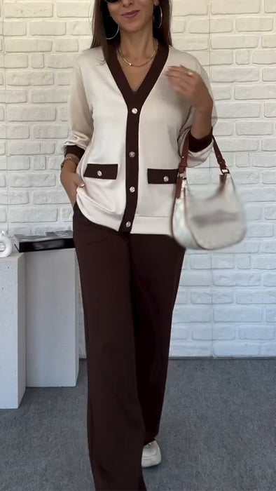 Women Button-down Cardigan + Pants Casual Suit