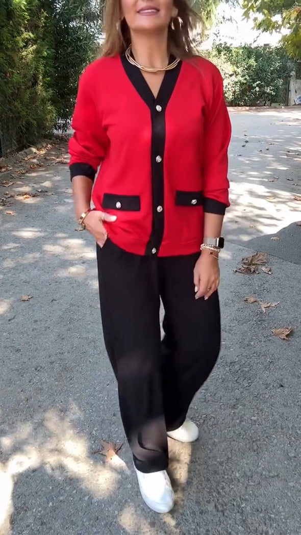 Women Button-down Cardigan + Pants Casual Suit