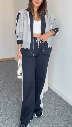 Women Lapel Stitching Fake Two-piece Jacket + Pants Casual Suit