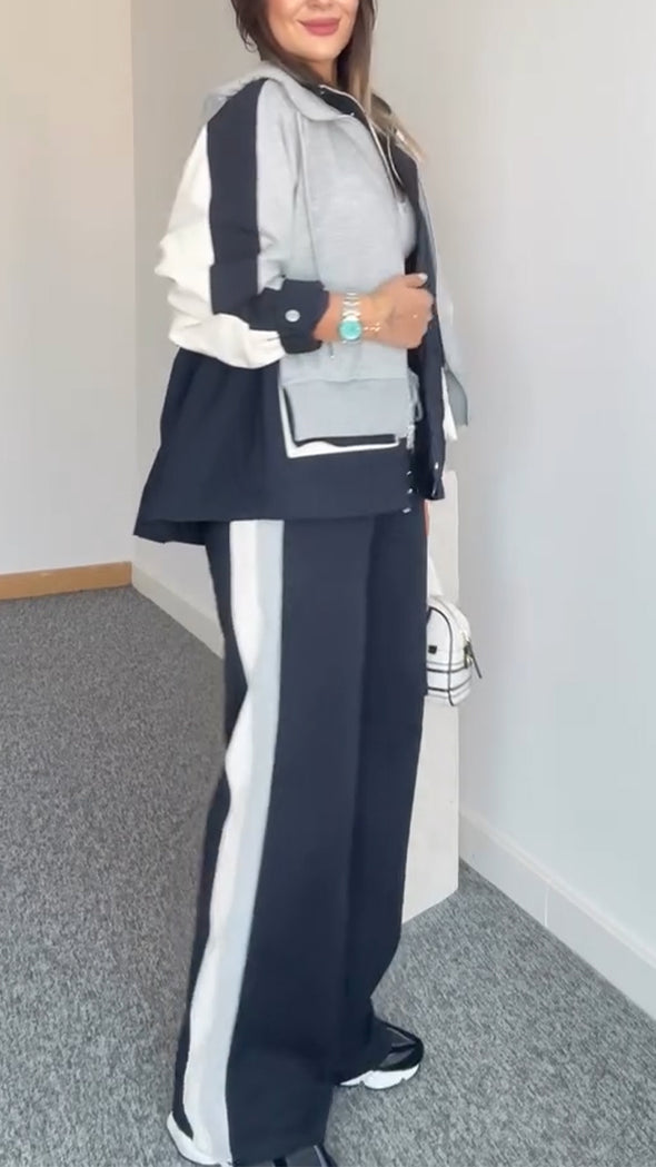 Women Lapel Stitching Fake Two-piece Jacket + Pants Casual Suit