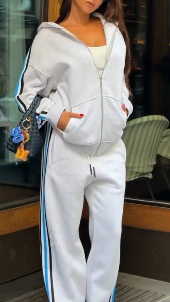 Women Vertical Striped Hooded Casual Suit