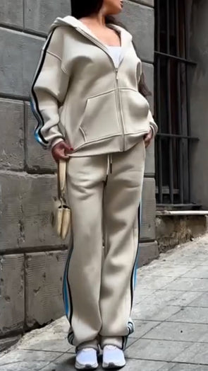 Women Vertical Striped Hooded Casual Suit