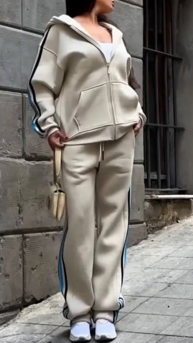 Women Vertical Striped Hooded Casual Suit