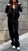 Women Vertical Striped Hooded Casual Suit