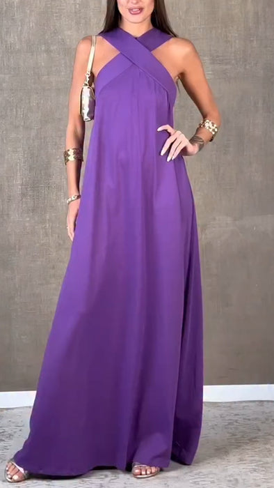 Women Cross Back Hollow Solid Color Casual Dress