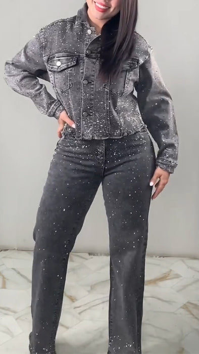 Women Lapel Rhinestone Jacket + Pants Casual Suit