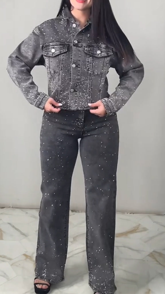 Women Lapel Rhinestone Jacket + Pants Casual Suit