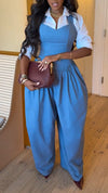 Women Lapel Shirt + Jumpsuit Casual Suit