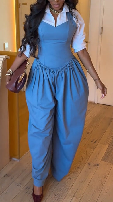 Women Lapel Shirt + Jumpsuit Casual Suit