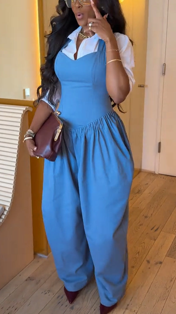 Women Lapel Shirt + Jumpsuit Casual Suit