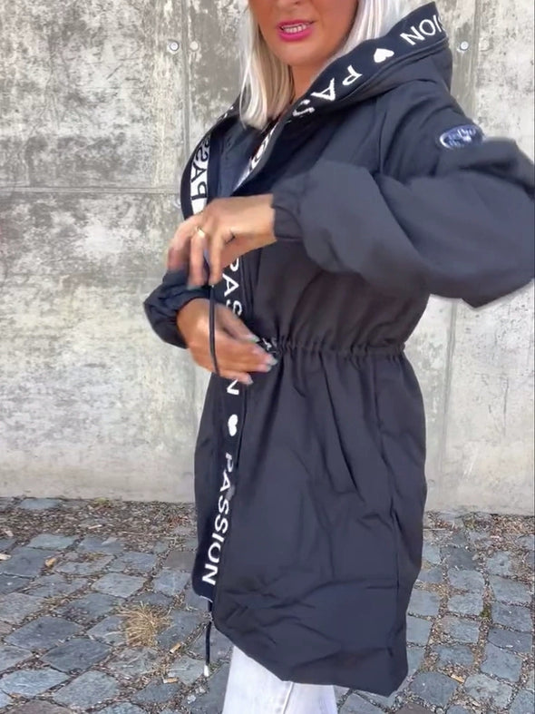 Women Hooded Letter Print Casual Coat