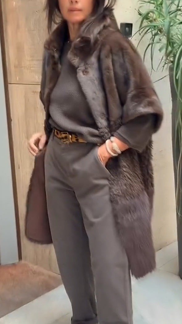 Women Lapel Solid Color Plush Temperament Casual Coat