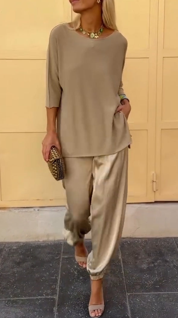 Womens Round Neck Top + Pants Casual Suit