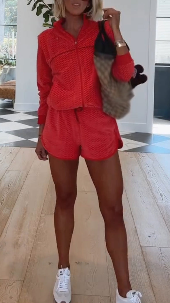 Women Stand Collar Jacket + Shorts Casual Set