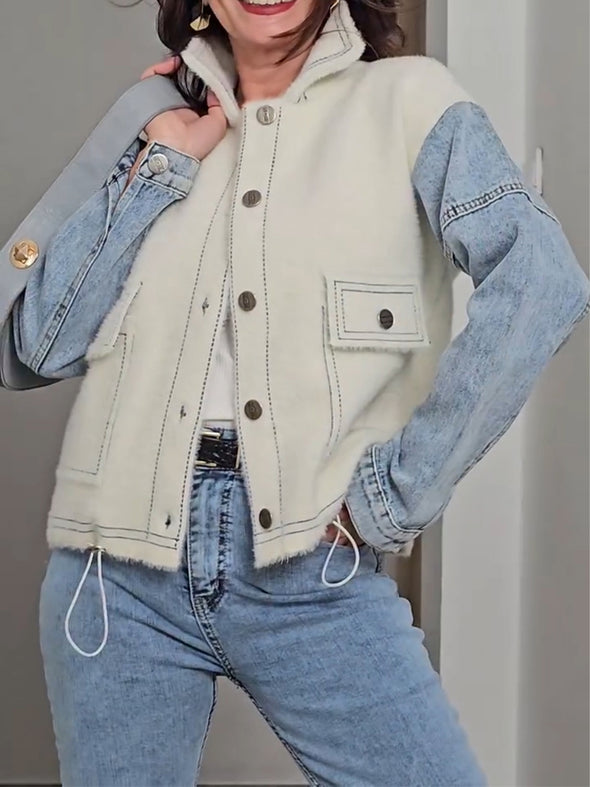 Women Lapel Buttoned Patchwork Denim Casual Jacket