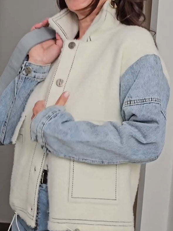 Women Lapel Buttoned Patchwork Denim Casual Jacket